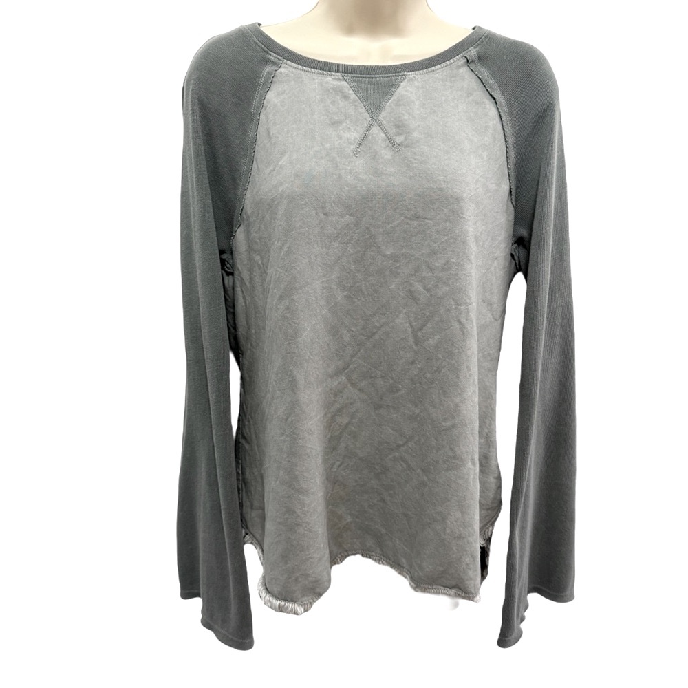 BELLA DAHL WOMENS HIGH LOW BELL SLEEVE RAW FRINGE HEM TWO-TONE GREEN TOP S